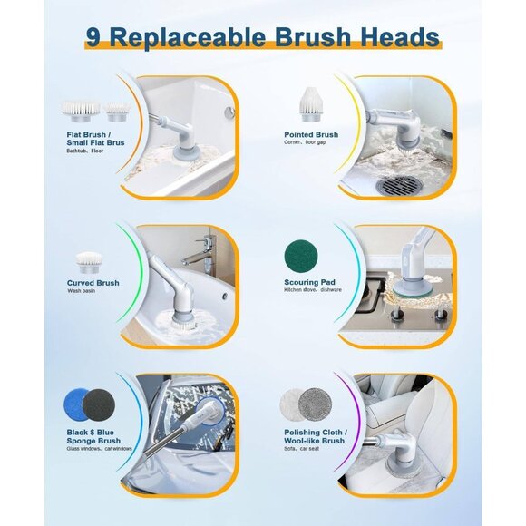 Electric Spin Scrubber – Cordless, IPX8 Waterproof, 9 Brush Heads (Gray) - Picture 4 of 8